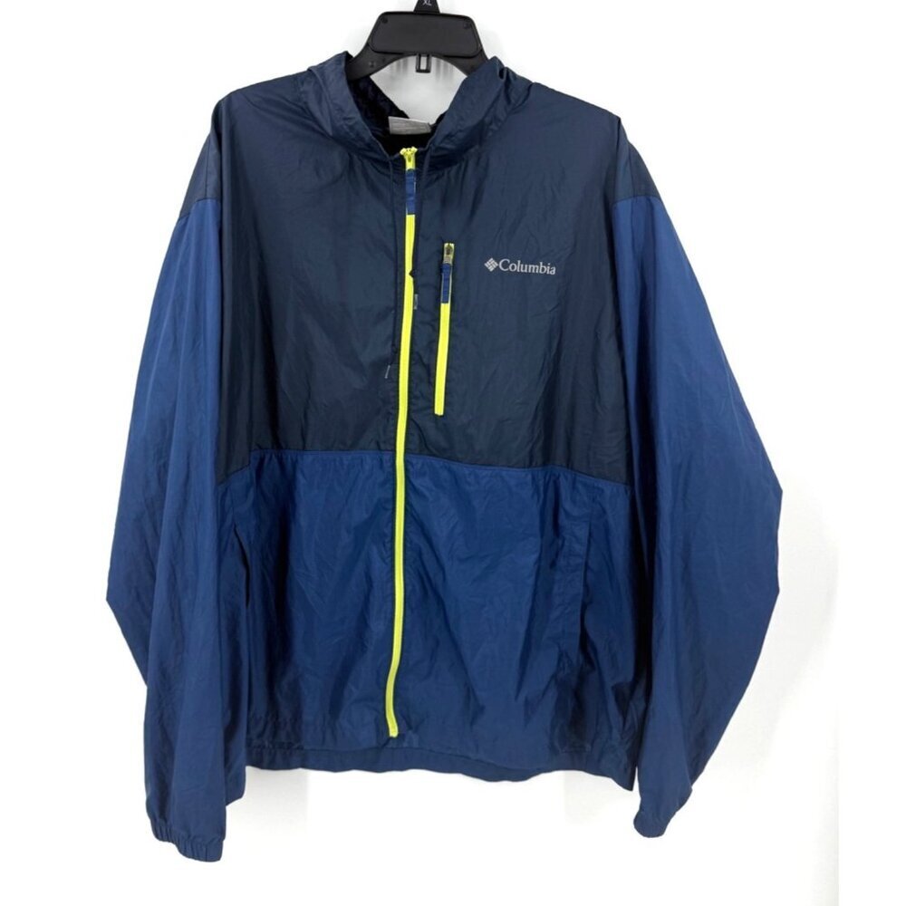 Columbia Mens Windbreaker Full Zip Water and Wind Resistant 2XL Blue Neon Green